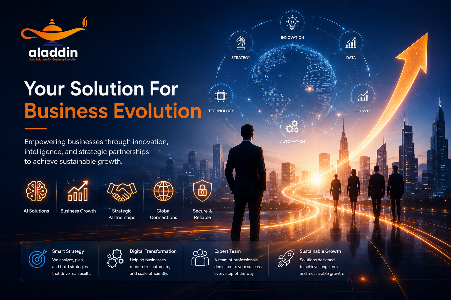 Business leaders shaking hands across a global network